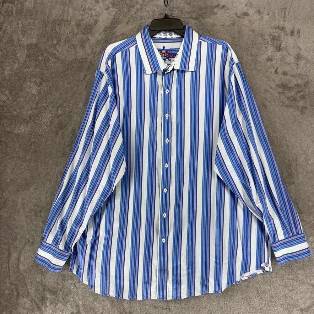 Robert Graham Mens 2XL Blue White Striped Long Sleeve Button Down Cotton Shirt